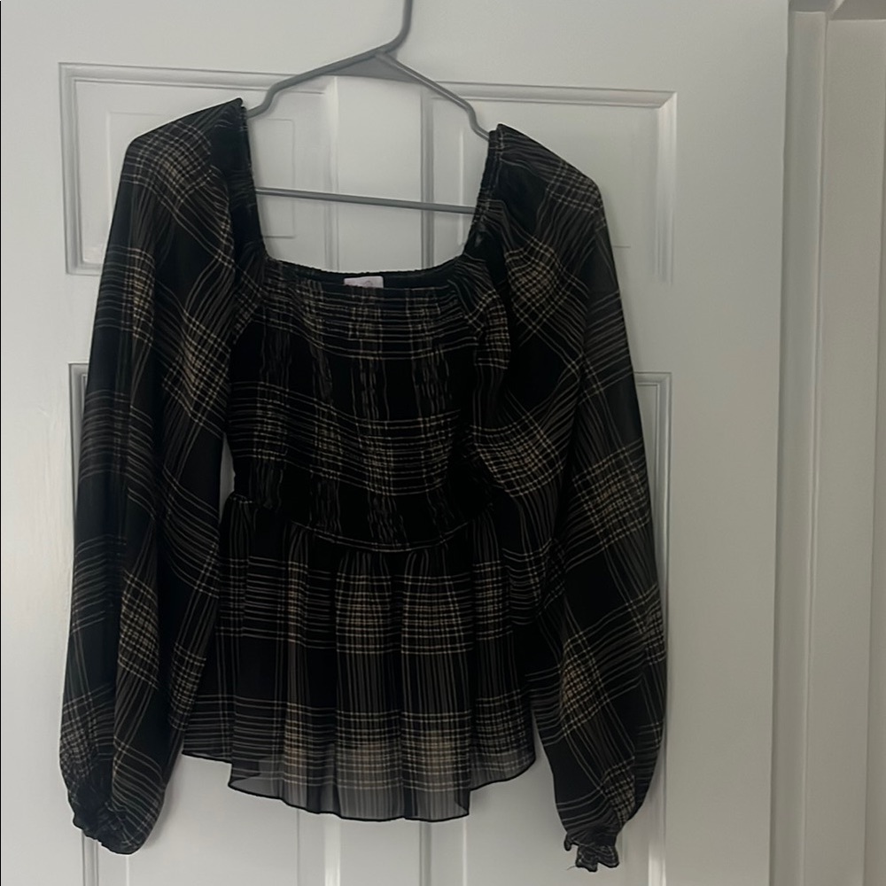 Pink Lily - Any Day Now Black and Tan Smocked Bust Plaid Blouse - Size Small